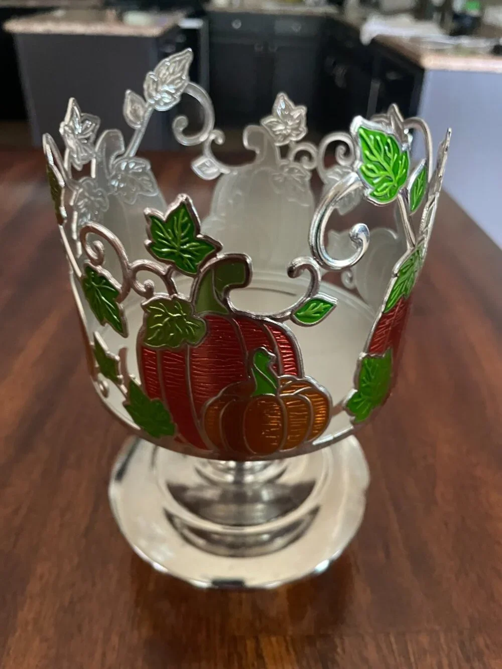 Bath & Body Works Pumpkin Pattern Metal 3 Wick Candle Pedestal Holder!